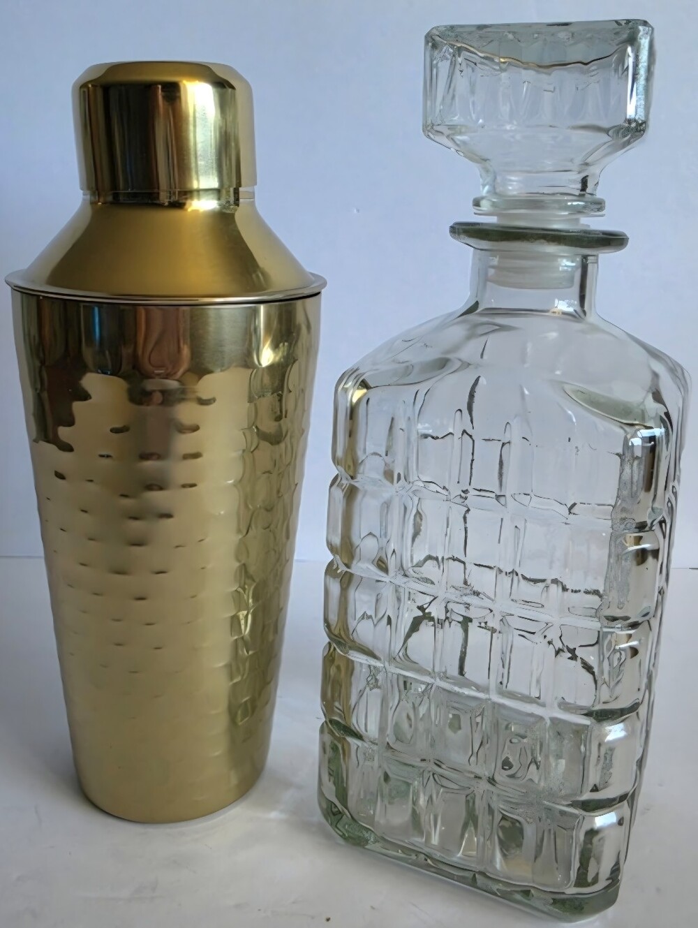 NWT "AtHome" Gold Hammered Cocktail Shaker with Clear Glass Decanter Sz 9"
